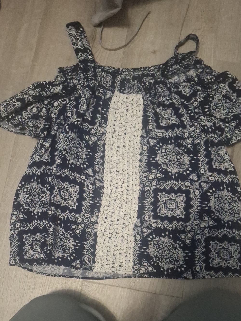 Justice Navy Blue Printed Cold-Shoulder Camisole with Cream Lace Panel